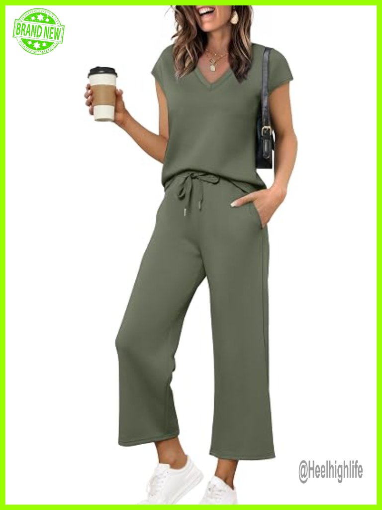 Two Piece Set Summer Outfits V Neck Cap Sleeve Top Wide Leg Pants Lounge Set